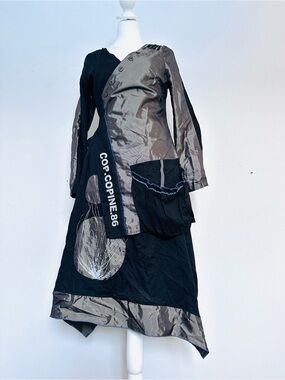 Asymmetric Black and Gray Midi Dress with Graphic Detail